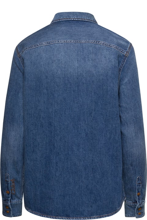 Blue Long-sleeve Shirt With Contrasting Stitching In Denim Woman