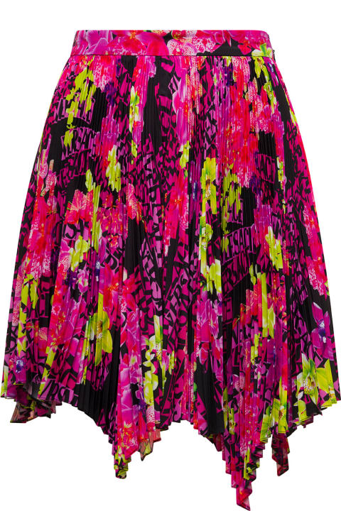 Multicolor Asymmetric Pleated Mini-skirt With Logo Orchid Print In Polyester Woman