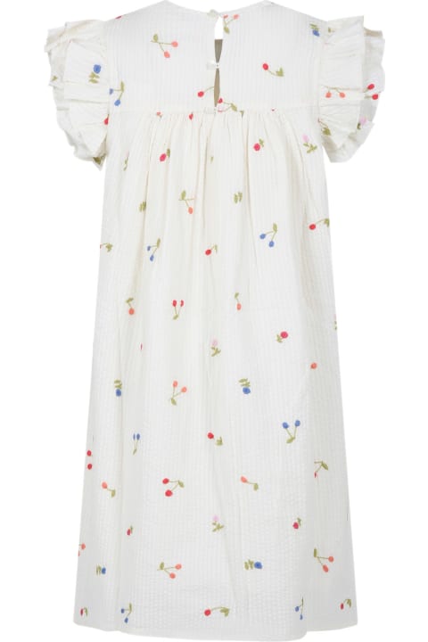 Dresses for Girls Bonpoint White Dress For Girl With All-over Cherry And Multicolor Flower Embroidery