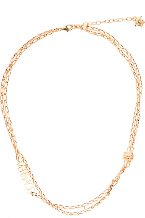 Double Chain Golden Metal Necklace With Logo Pendant Detail Woman