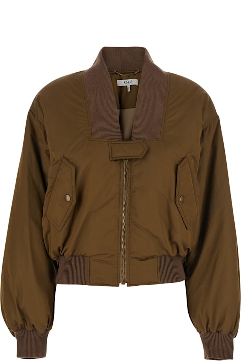 Chloé for Men Chloé Brown Bomber Jacket With V Neck And Front Zip Closure In Tech Fabric Woman