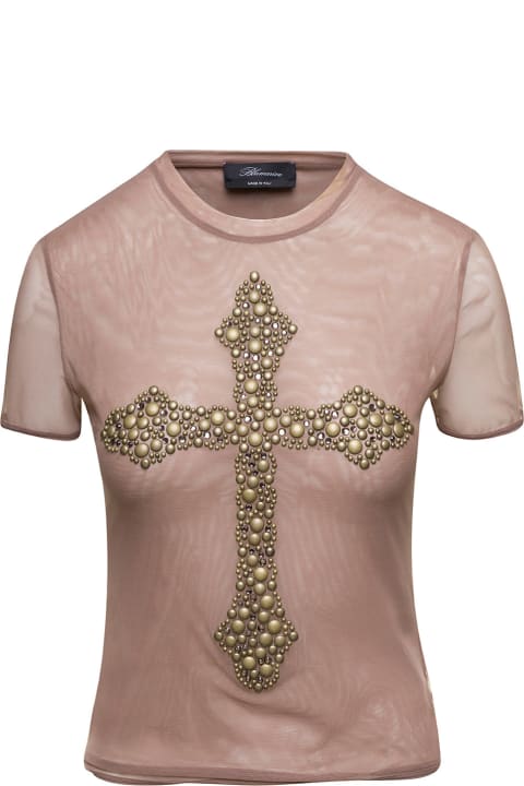 Beige Crewneck T-shirt Withlogo And Ctystal And Stud-embellished Cross In Nylon Woman
