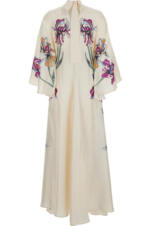 La DoubleJ for Women La DoubleJ 'magnifico' White Crewneck Long Dress With Rear Tie Closure And All-over Floral Print In Silk Woman