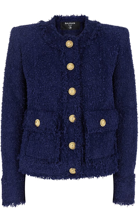 Balmain Coats & Jackets for Women Balmain Blue Collarless Jacket With Gold Buttons In Tweed Woman