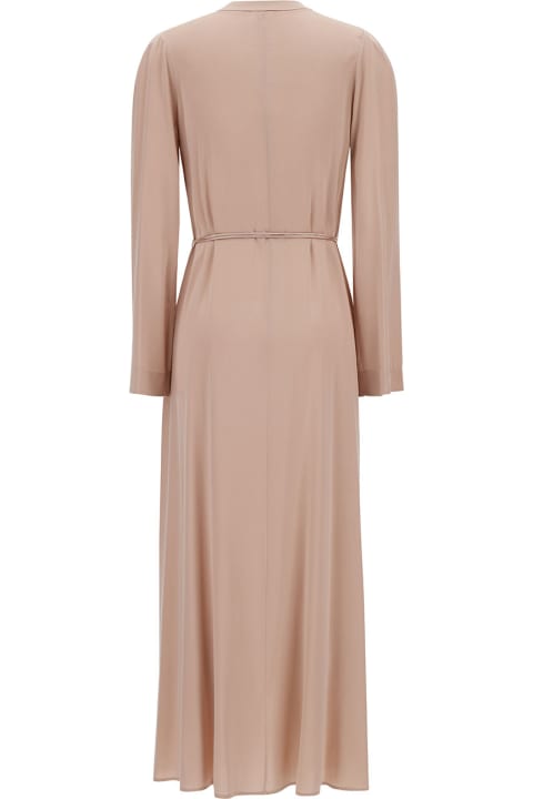 Forte_Forte for Women Forte_Forte Long Pale Pink Dress With Belt And Long Sleeves In Stretch Silk Woman