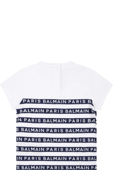 Balmain for Baby Girls Balmain White T-shirt For Baby Boy With Blue Stripes And Logo