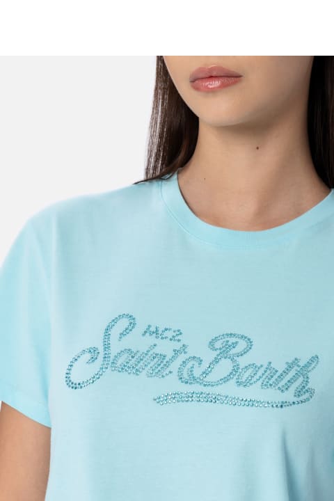 MC2 Saint Barth Topwear for Women MC2 Saint Barth Woman Water Green Cotton Jersey Crewneck T-shirt Emilie With Rhinestones