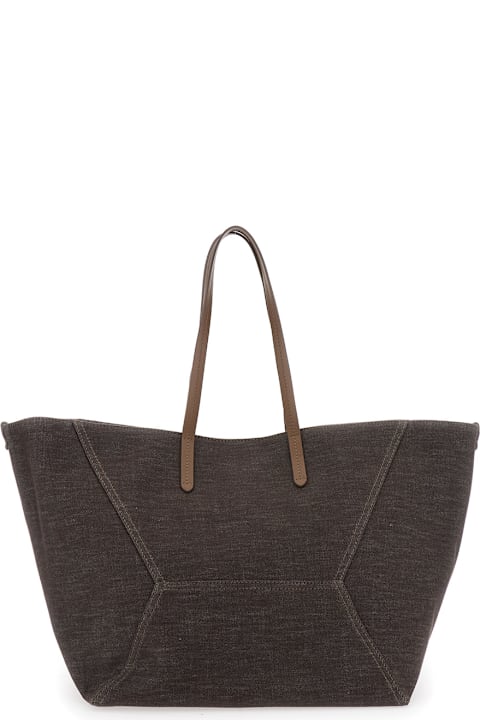 Fashion for Women Brunello Cucinelli 'duo' Brown Shoulder Bag With Two Flat Handles And Concealed Magnetic Closure In Cotton Woman