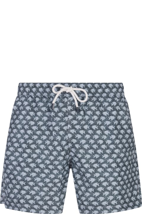 Fedeli Swimwear for Men Fedeli Petroleum Swim Shorts With Pink Fish Pattern