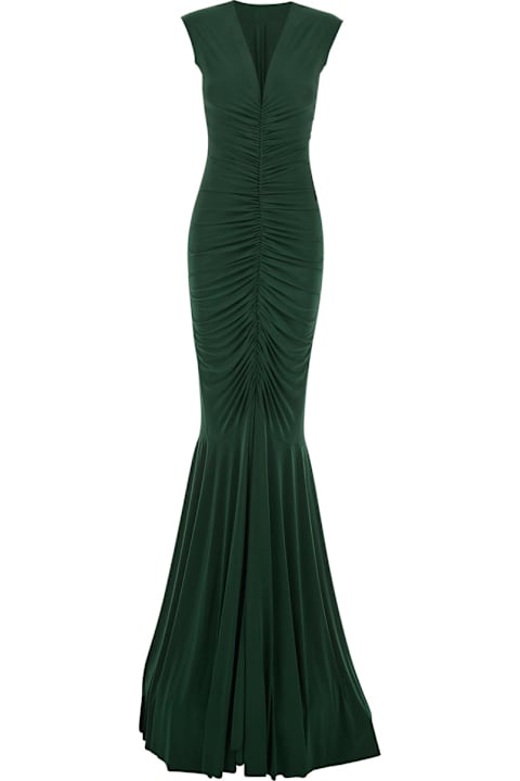 Norma Kamali for Men Norma Kamali Green Sleeveless Long Dress With V Neck And Flared Skirt In Tech Fabric Stretch Woman