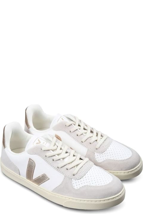 Veja for Kids Veja 'v-10' White Low Top Sneakers With Logo Detail On The Side And Contrasting Heel With Logo Lettering In Leather Girl