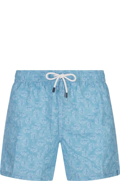 Swimwear for Men Fedeli Light Blue Swim Shorts With Lobster Pattern