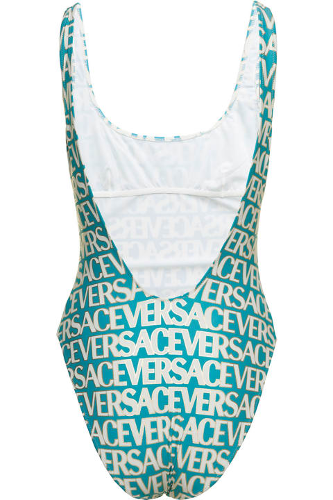 ウィメンズ Versaceのウェア Versace Blue One-piece Swimsuit With All-over Logo Lettering Print In Stretch Tech Fabric Woman