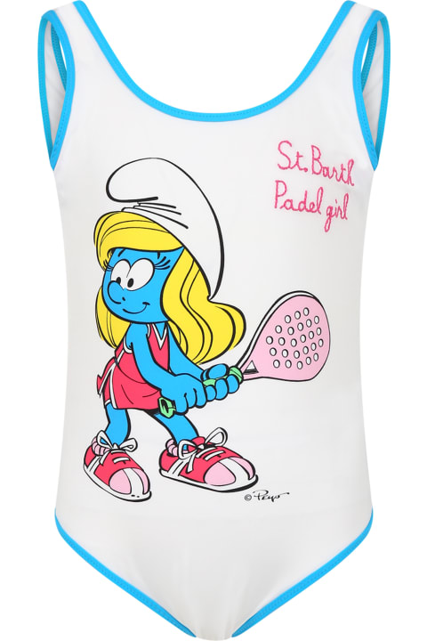 Swimwear for Girls MC2 Saint Barth Costume Bianco Per Bambina Con Puffetta E Logo