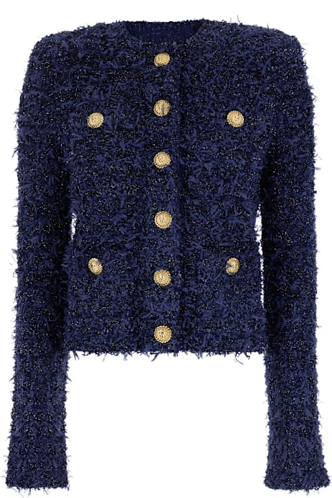 Balmain Coats & Jackets for Women Balmain Blue Collarless Jacket With Gold Buttons In Tweed Woman