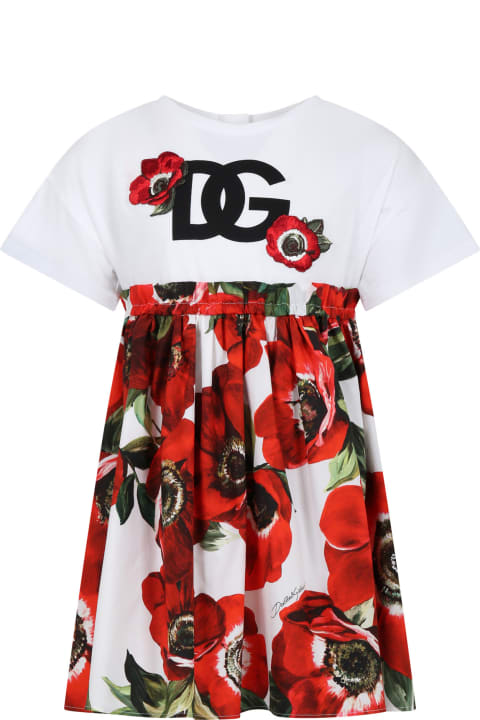 ガールズのセール Dolce & Gabbana Casual White Dress For Girl With Poppies And Logo