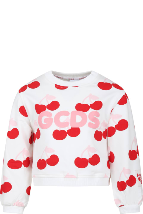 GCDS Mini Sweaters & Sweatshirts for Girls GCDS Mini White Sweatshirt For Girl With Cherries