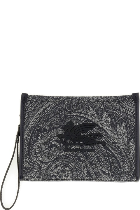 Etro Luggage for Men Etro Navy Blue Pouch With Paisley Jacquard Motif