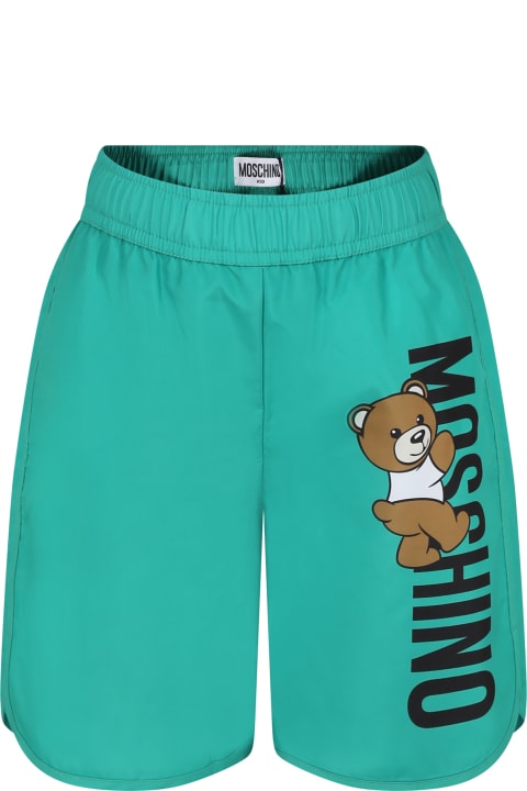 Fashion for Boys Moschino Green Swim Shorts For Boy With Teddy Bear And Logo