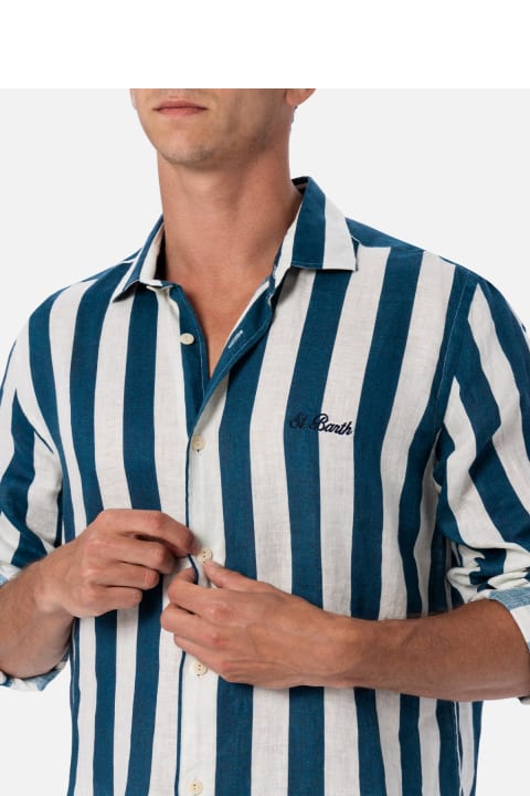 Homeware MC2 Saint Barth Man Navy Blue Striped Linen Shirt Pamplona