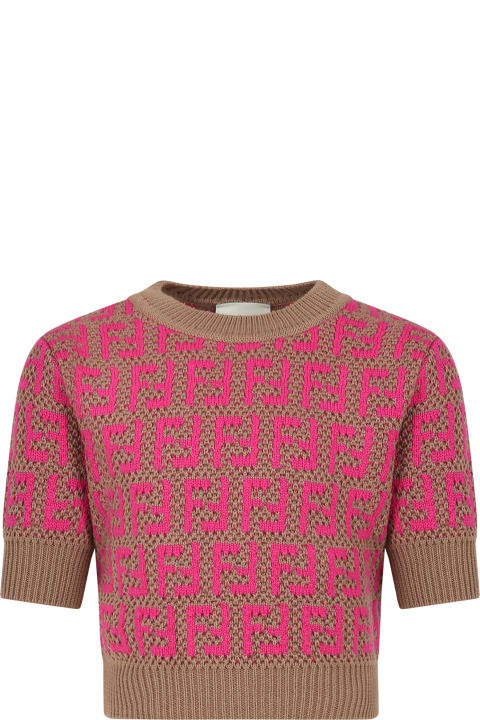 Fendi for Kids Fendi Brown Sweater For Girl With Double Ff