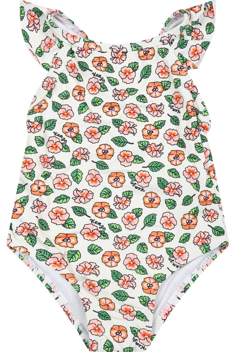 Kenzo Kids Kenzo Kids White Swimwuit For Baby Girl With Floral Print