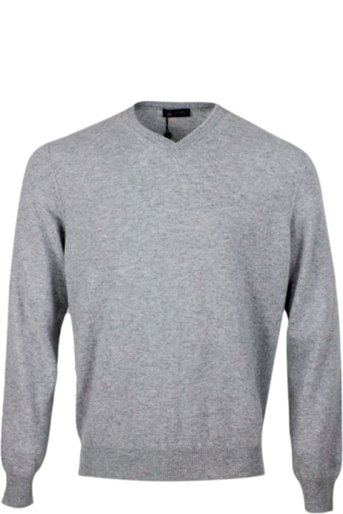 Long-sleeved V-neck Sweater In Fine 2-ply 100% Kid Cashmere With Special Processing On The Edge Of The Neck