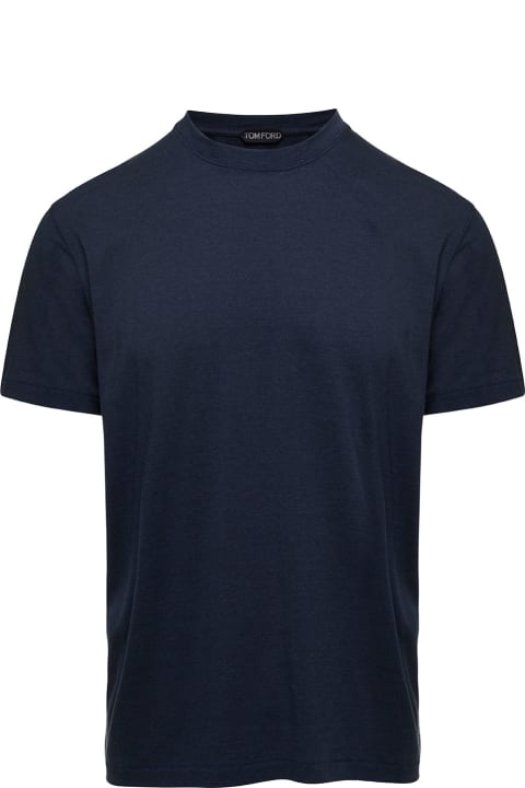 Blue Crew Neck T-shirt With Embroidered Logo In Cotton Blend Man