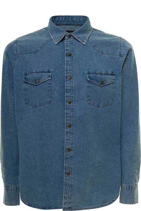 Blue Denim Shirt With Patch Pockets In Cotton Man