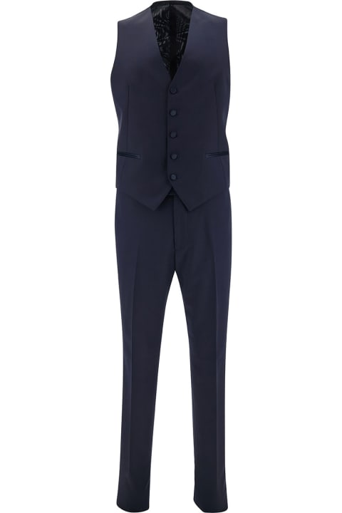 Suits for Men Tagliatore Blue Single-breasted Tuxedo With Vest In Wool Man