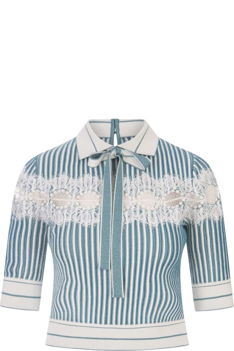 Elie Saab for Women Elie Saab Polo Shirt In White And Blue Gin Knit And Lace