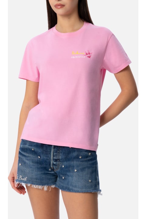 أدوات منزلية MC2 Saint Barth Woman Cotton Jersey Crewneck T-shirt Emilie With Bikini Obsession Embroidery
