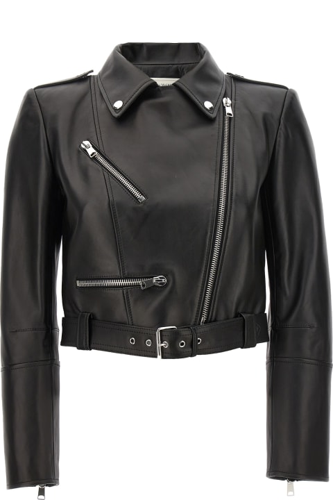 Alexander McQueen for Women Alexander McQueen Cropped Biker Jacket With Matching Belt In Smooth Leather