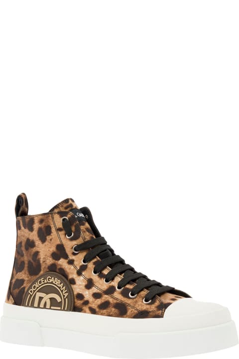 'portofino' Leopard Printed Mid-top Sneakers In Cotton And Leather Man Dolce & Gabbana
