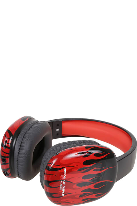 Vision of Super Rings for Men Vision of Super Black Headphones With Red Flames And White Logo