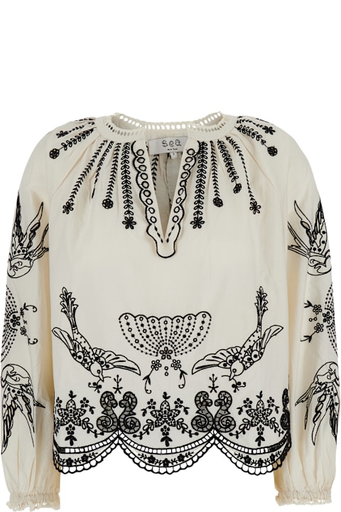 Sea New York Clothing for Women Sea New York White Blouse With V Neck And All-over Kingsley Embroidery In Cotton Woman