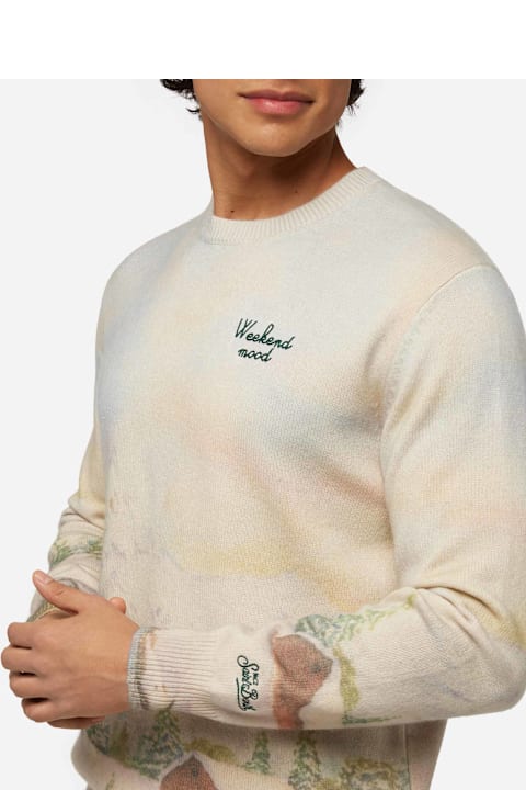 Homeware MC2 Saint Barth Crewneck Sweater Heron With Landscape Print And Weekend Mood Embroidery