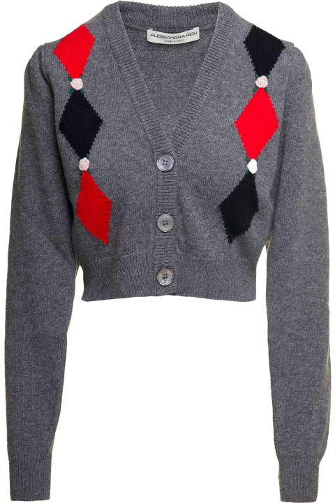 Alessandra Rich Sweaters for Women Alessandra Rich Grey Cardigan With 'diamond' Motif And Embroidered Rose Detail In Wool Woman