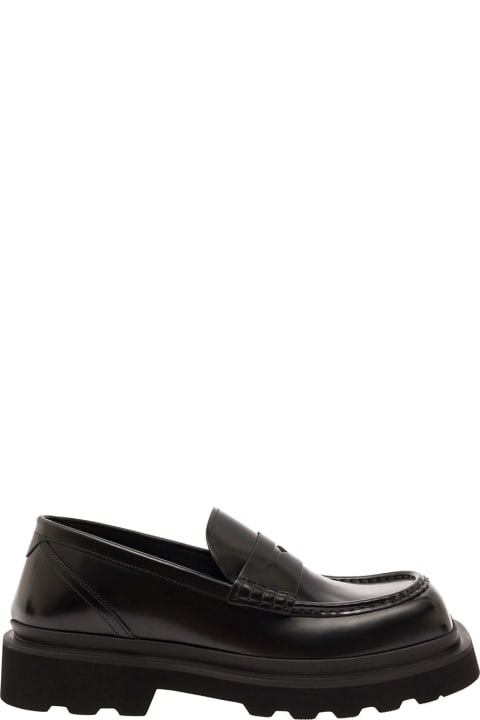 Black Squared-toe Loafers With Chunky Platform In Leather Man