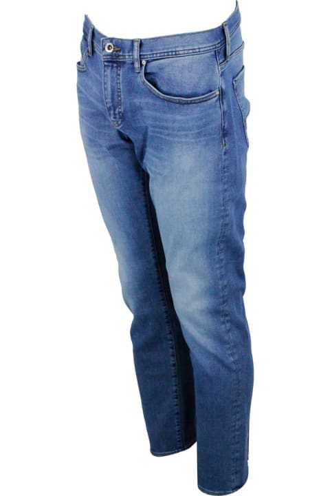 5-pocket Stretch Denim Jeans With Contrasting Color Stitching