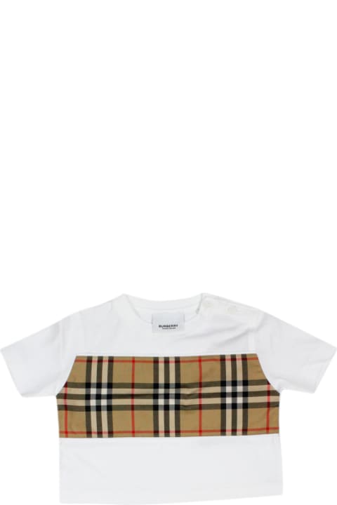 Topwear for Baby Boys Burberry Crew Neck T-shirt With Buttons On The Neck In Cotton Jersey With Classic Check Motif Application On The Front
