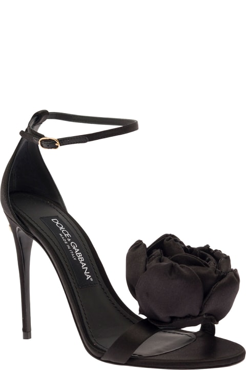 Black Sandals With Tonal Flowers In Satin Woman