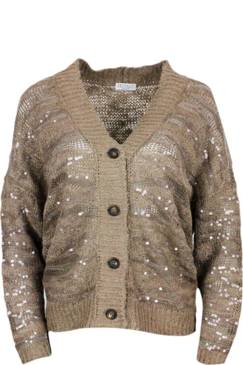 Brunello Cucinelli Clothing for Women Brunello Cucinelli Cardigan With Animalier Buttons Inlay In Silk, Linen And Hemp