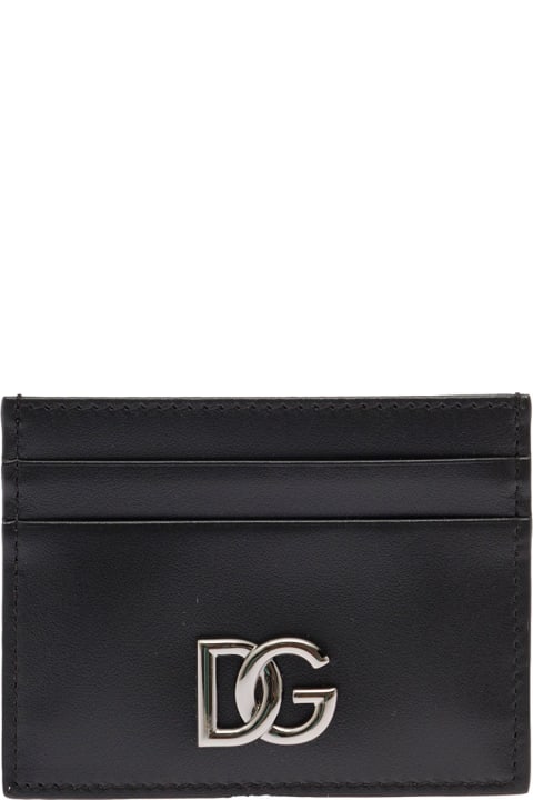 Dolce & Gabbana Man 's Black Leather Card Holder With Metal Logo