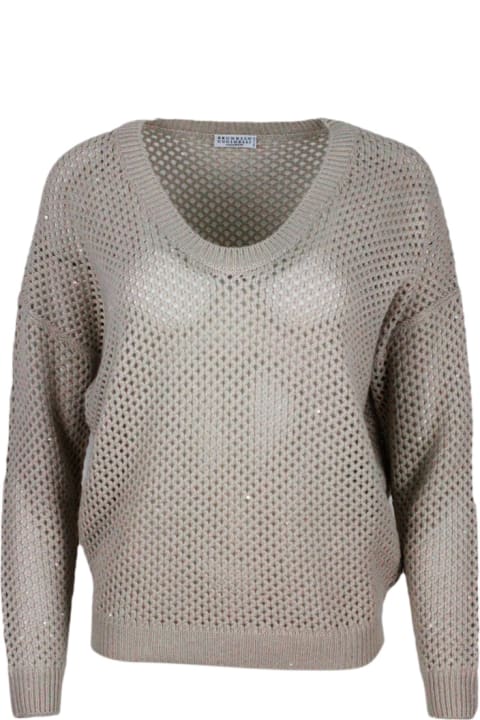 Sweaters for Women Brunello Cucinelli V-neck Sweater In Cashmere And Silk With Mesh Processing Embellished With Micro Sequins
