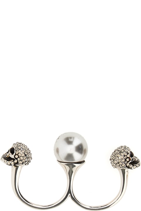 Antiqued Silver Double Pearl Skull Ring