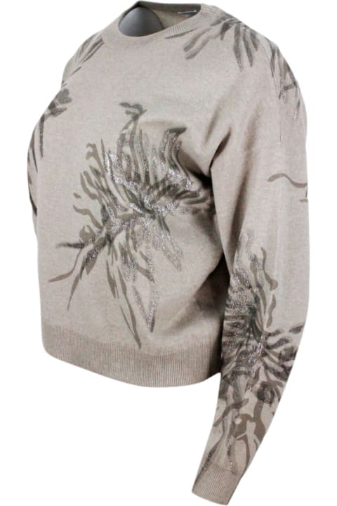 ウィメンズ Brunello Cucinelliのウェア Brunello Cucinelli Long-sleeved Round-neck Wool, Silk And Cashmere Sweater With Flower Print Embellished With Lurex