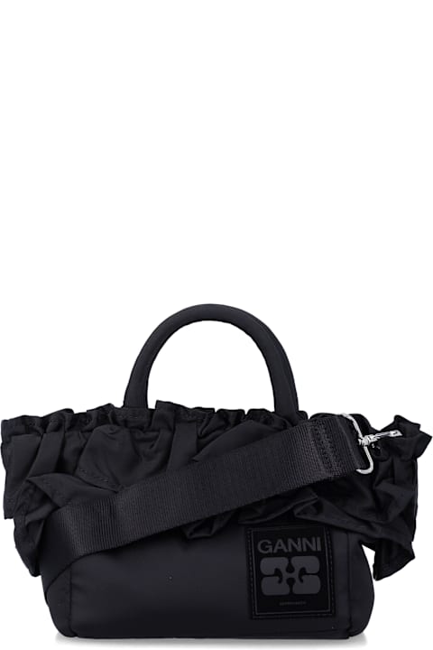 Homeware Ganni Ganni Black Nylon Ruffled Top Handle Bag