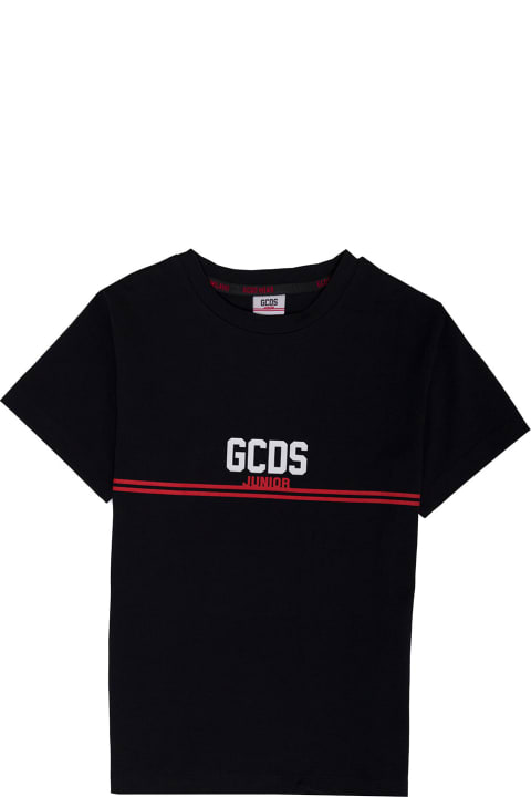 Gcds Kid's Black Cotton T-shirt With Logo Print