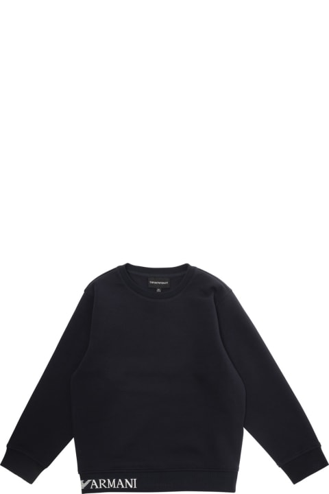 Fashion for Boys Emporio Armani Blue Crewneck Sweatshirt With Logo Lettering On The Hem In Cotton Blend Stretch Boy